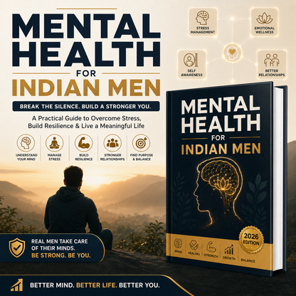 Book cover and promotional graphic for 'Mental Health for Indian Men' showing a large standing book with a gold spine and cover design, plus a seated man in a dark hoodie looking out toward a sunset. The design uses dark navy, gold, black, and white, with icons and text highlighting stress management, emotional wellness, self awareness, and better relationships.