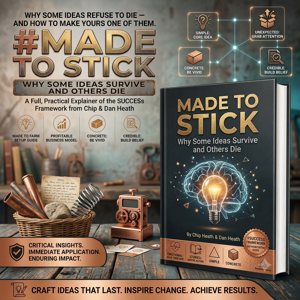 Book cover for 'Made to Stick: Why Some Ideas Survive and Others Die' by Chip Heath & Dan Heath, shown prominently on a styled tabletop with a lamp, notebook, and framed quote. The cover features a dark blue background with a glowing lightbulb illustration and gold title text.
