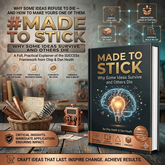 Book cover for 'Made to Stick: Why Some Ideas Survive and Others Die' by Chip Heath & Dan Heath, shown prominently on a styled tabletop with a lamp, notebook, and framed quote. The cover features a dark blue background with a glowing lightbulb illustration and gold title text.