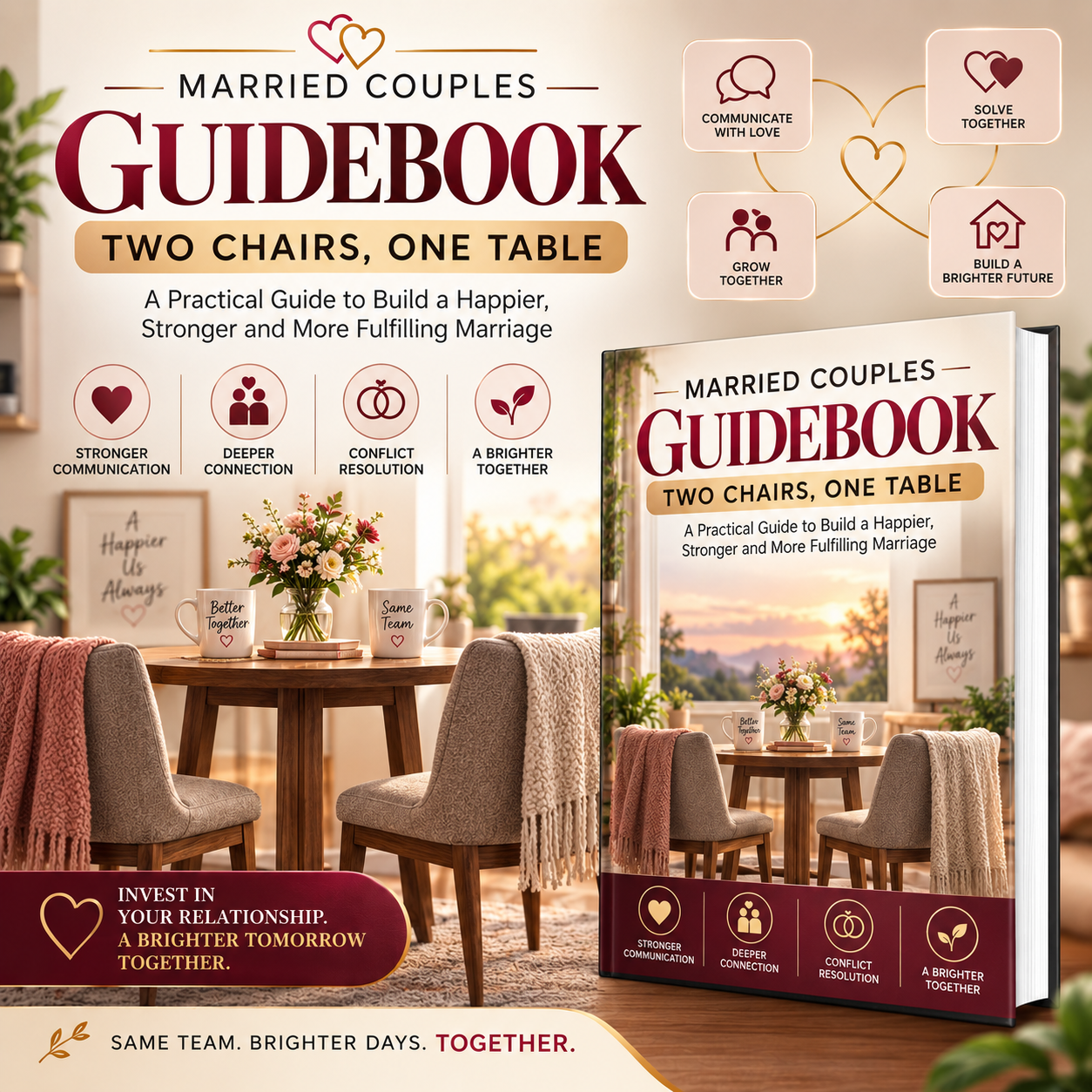 A book cover and a standing paperback copy of the 'Married Couples Guidebook: Two Chairs, One Table' are shown on a styled interior dining-room background. The cover features a warm beige and burgundy design with heart graphics and icons for relationship benefits.