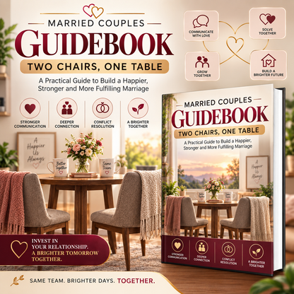 A book cover and a standing paperback copy of the 'Married Couples Guidebook: Two Chairs, One Table' are shown on a styled interior dining-room background. The cover features a warm beige and burgundy design with heart graphics and icons for relationship benefits.