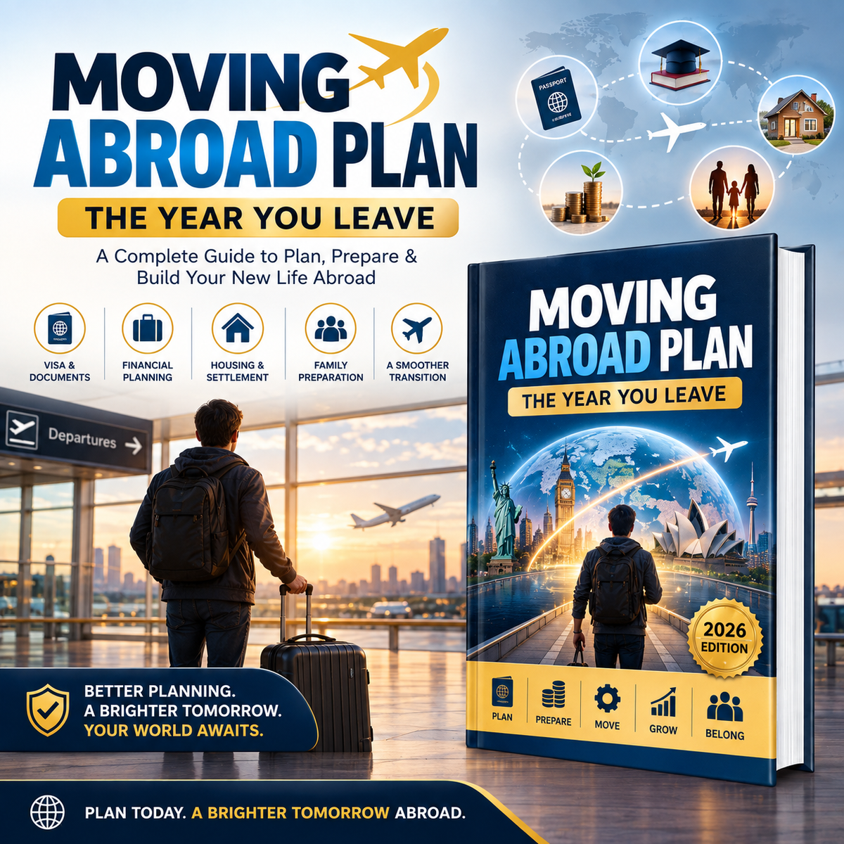Promotional graphic for a digital guide titled 'Moving Abroad Plan: The Year You Leave,' showing a large book cover, travel icons, and a person with a suitcase at an airport. The design uses blue, yellow, white, and orange tones with text emphasizing planning and global travel topics.