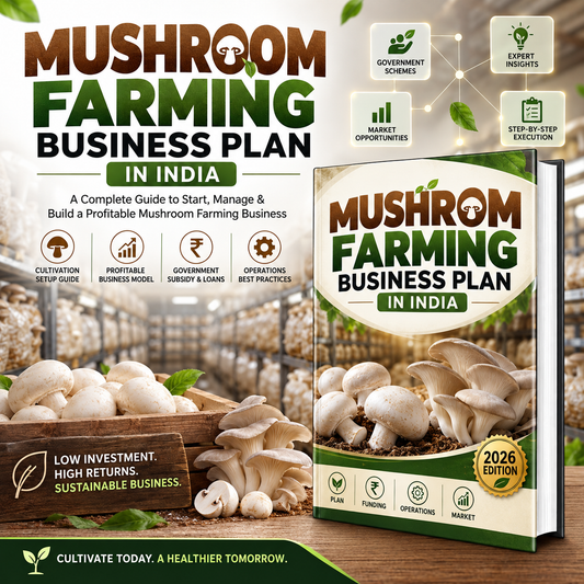 A promotional graphic for a book titled 'Mushroom Farming Business Plan in India', showing the front cover and a standing book mockup. The design includes large green and brown title text, icons for government schemes, market opportunities, expert insights, and step-by-step execution, plus photos of oyster mushrooms in baskets and a grower's shed background.