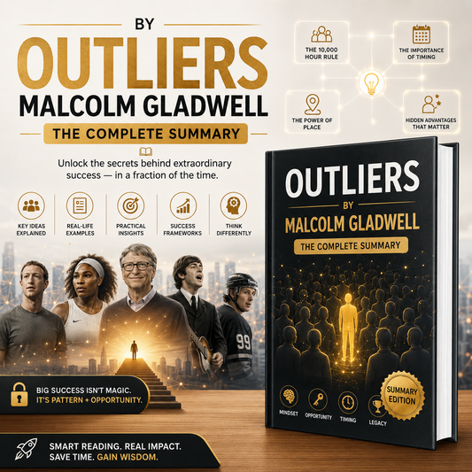 Book cover for 'Outliers' by Malcolm Gladwell: The Complete Summary, shown as a 3D book mockup on a wooden surface with promotional text and graphics in the background.