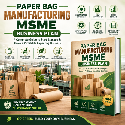 Promotional graphic for a 'Paper Bag Manufacturing MSME Business Plan' featuring a mockup of a green and beige book cover, surrounded by brown paper bags, factory machinery, and infographic icons highlighting business benefits.