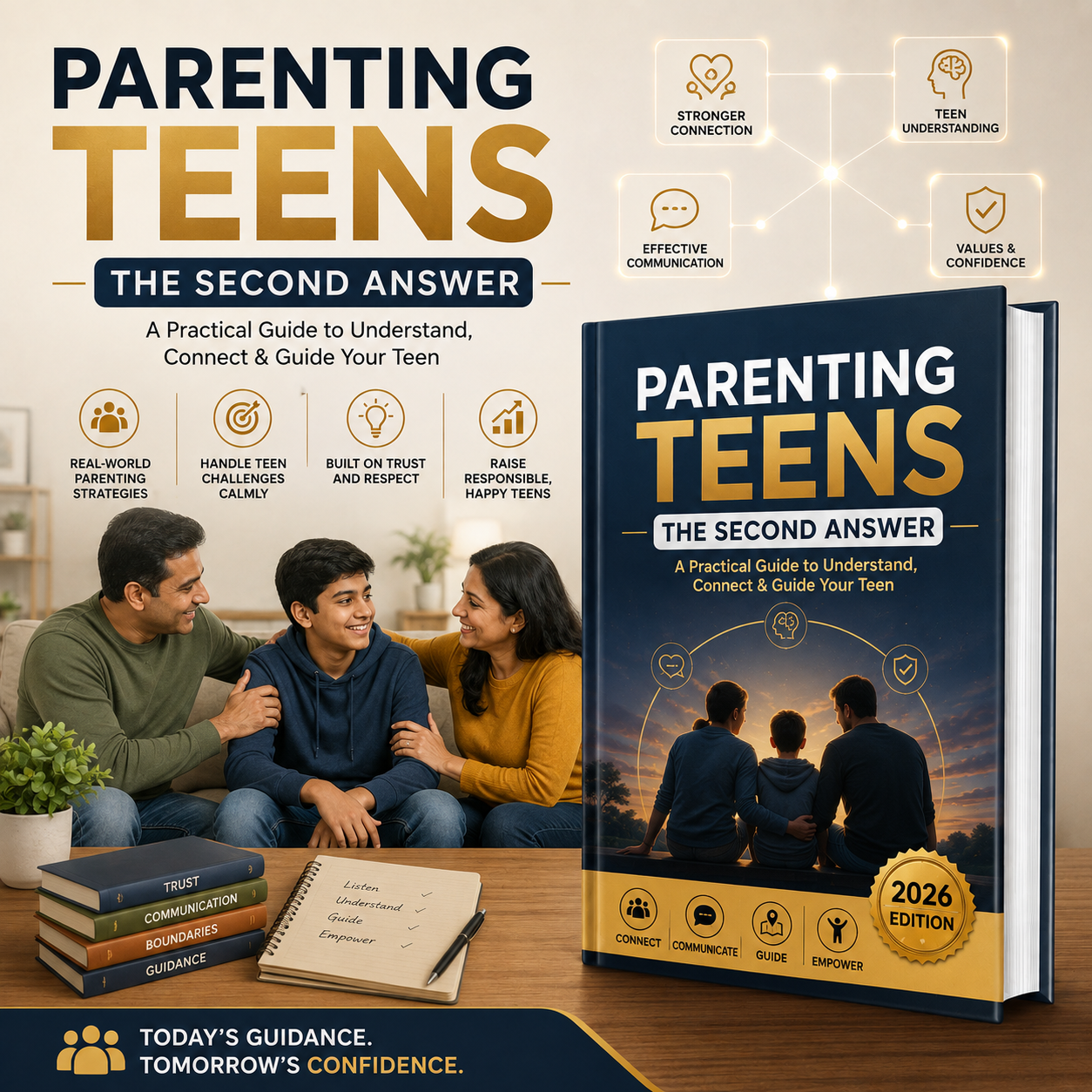 Book cover and promotional graphic for 'Parenting Teens: The Second Answer' shown alongside a family sitting together on a couch. The cover is dark blue with gold and white text, and the scene includes books, a plant, and a desk setup.