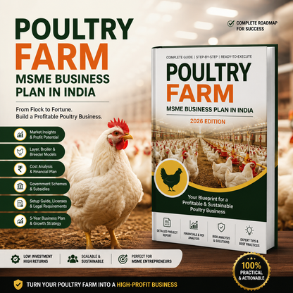 Promotional graphic for a digital book titled 'Poultry Farm: MSME Business Plan in India, 2026 Edition'. The cover features a white background with green and orange text, a photo of a white chicken, and a yellow circular badge.