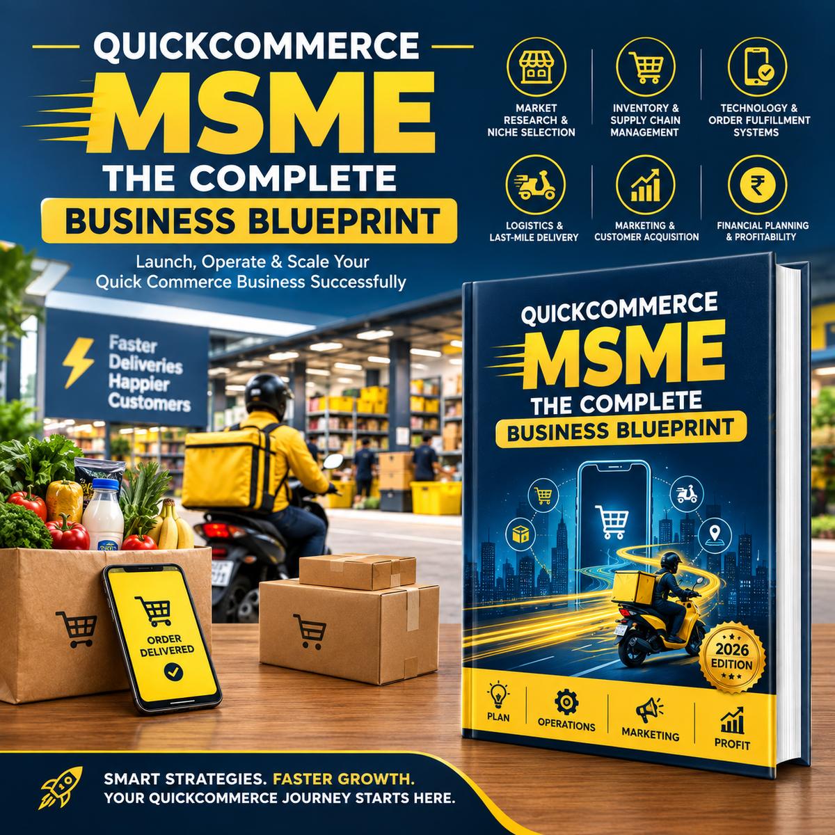 Promotional graphic for a Quickcommerce MSME business blueprint book, shown alongside a mockup of the book cover and a blurred grocery delivery scene with a rider, boxes, and a smartphone. Large text reads 'QUICKCOMMERCE MSME THE COMPLETE BUSINESS BLUEPRINT' with supporting copy about launching, operating, and scaling a Quickcommerce business.
