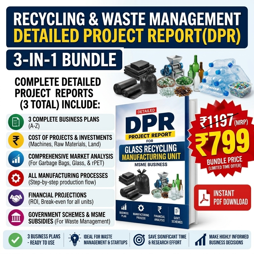 Promotional graphic for a 3-in-1 bundle of recycling and waste management detailed project reports (DPR). The image features a central book cover mockup, various icons representing included content, and promotional price badges in Indian Rupees.