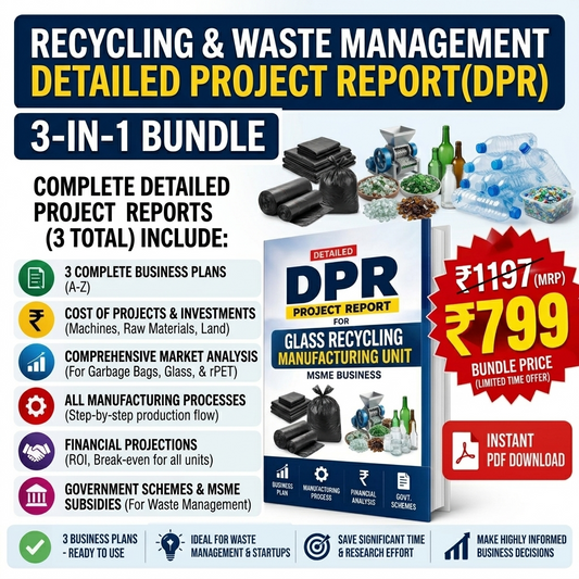 Promotional graphic for a 3-in-1 bundle of recycling and waste management detailed project reports (DPR). The image features a central book cover mockup, various icons representing included content, and promotional price badges in Indian Rupees.