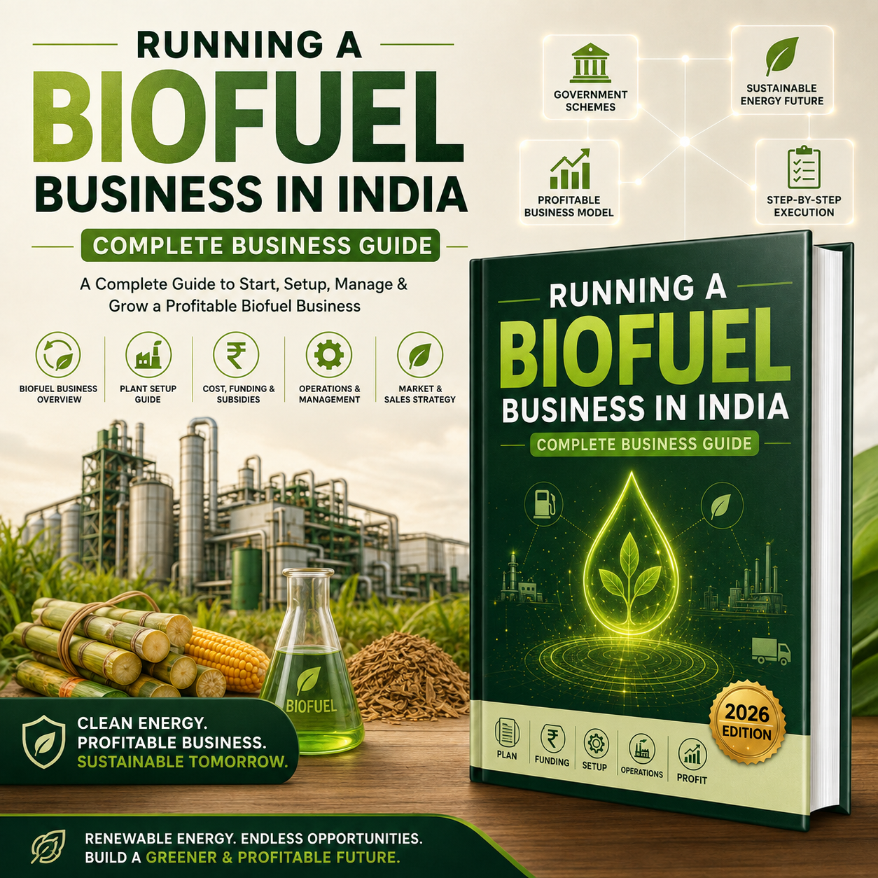 A promotional graphic for a book titled 'Running a Biofuel Business in India: Complete Business Guide' with a large copy headline, feature icons, and a rendered book cover showing a biofuel refinery and glowing leaf graphics.