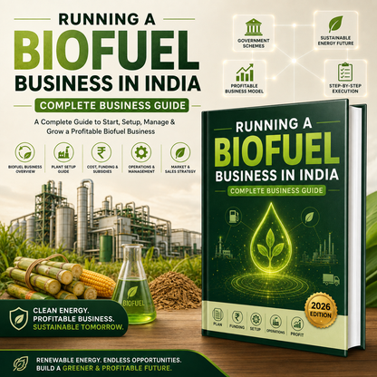 A promotional graphic for a book titled 'Running a Biofuel Business in India: Complete Business Guide' with a large copy headline, feature icons, and a rendered book cover showing a biofuel refinery and glowing leaf graphics.