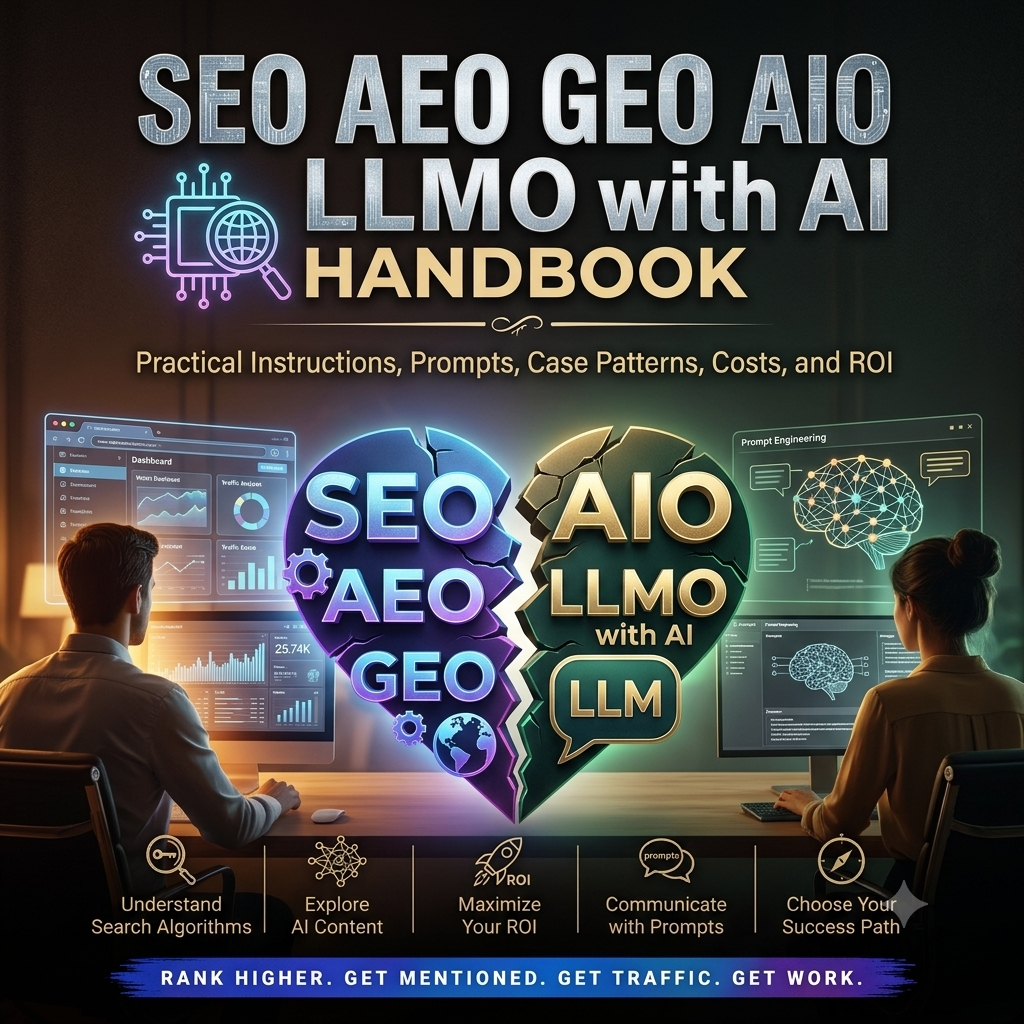 SEO AEO GEO AIO LLMO with AI Handbook Cover