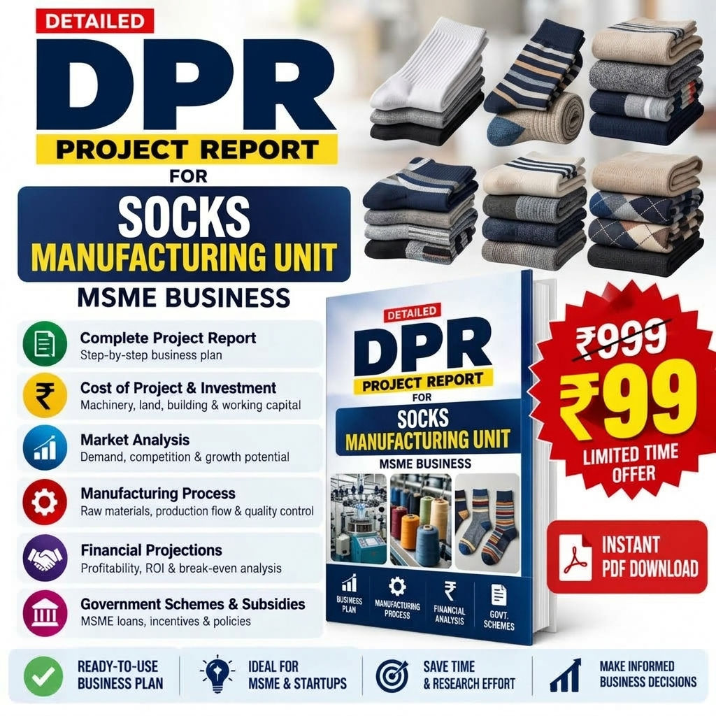 Promotional graphic for a digital project report on socks manufacturing unit, featuring a book cover mockup, stacks of folded socks, and marketing text in Hindi and English with price and instant PDF download callouts.