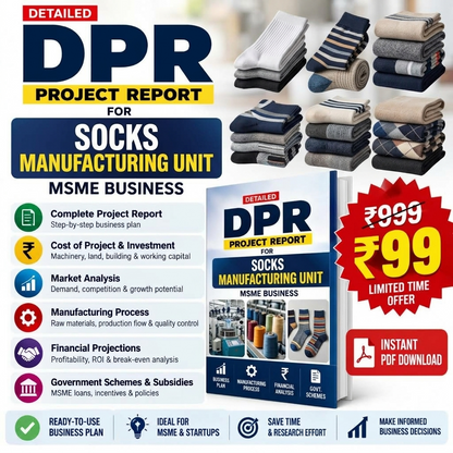 Promotional graphic for a digital project report on socks manufacturing unit, featuring a book cover mockup, stacks of folded socks, and marketing text in Hindi and English with price and instant PDF download callouts.