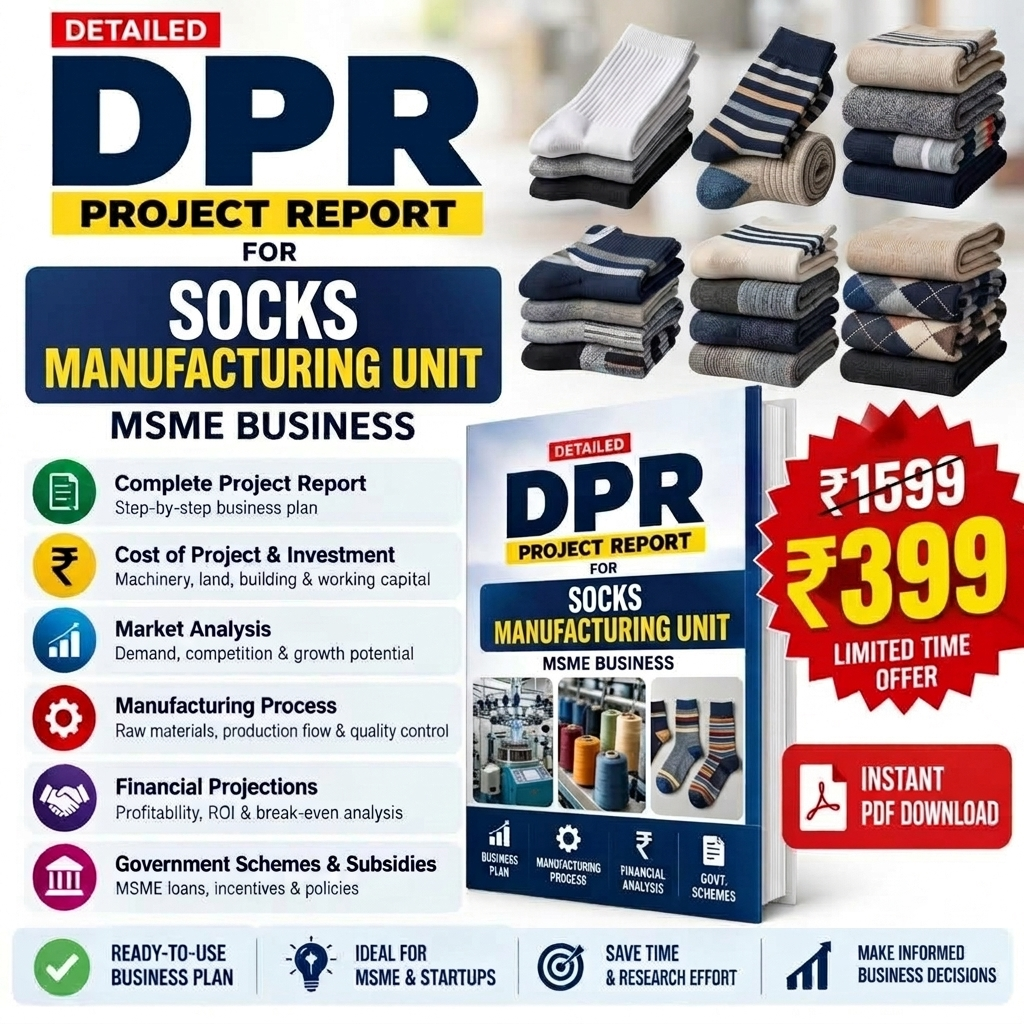 Promotional graphic for a digital project report on socks manufacturing unit, featuring a book cover mockup, stacks of folded socks, and marketing text in Hindi and English with price and instant PDF download callouts.