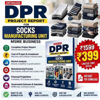 Promotional graphic for a digital project report on socks manufacturing unit, featuring a book cover mockup, stacks of folded socks, and marketing text in Hindi and English with price and instant PDF download callouts.
