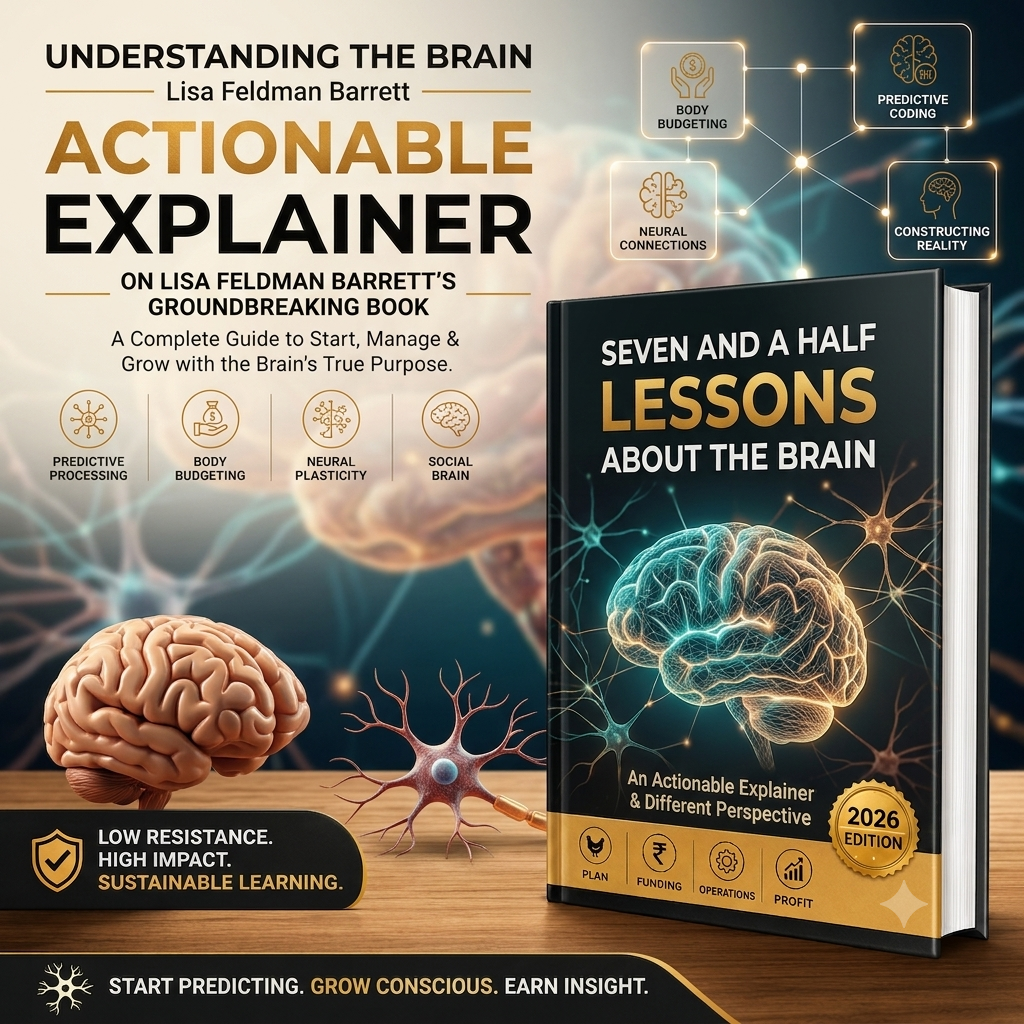 Promotional graphic for the book 'Actionable Explainer' by Lisa Feldman Barrett, showing the front cover of the book prominently on the right, with the title and subtitle on the left, a brain illustration, a neuron graphic, and feature callouts on a dark abstract background.