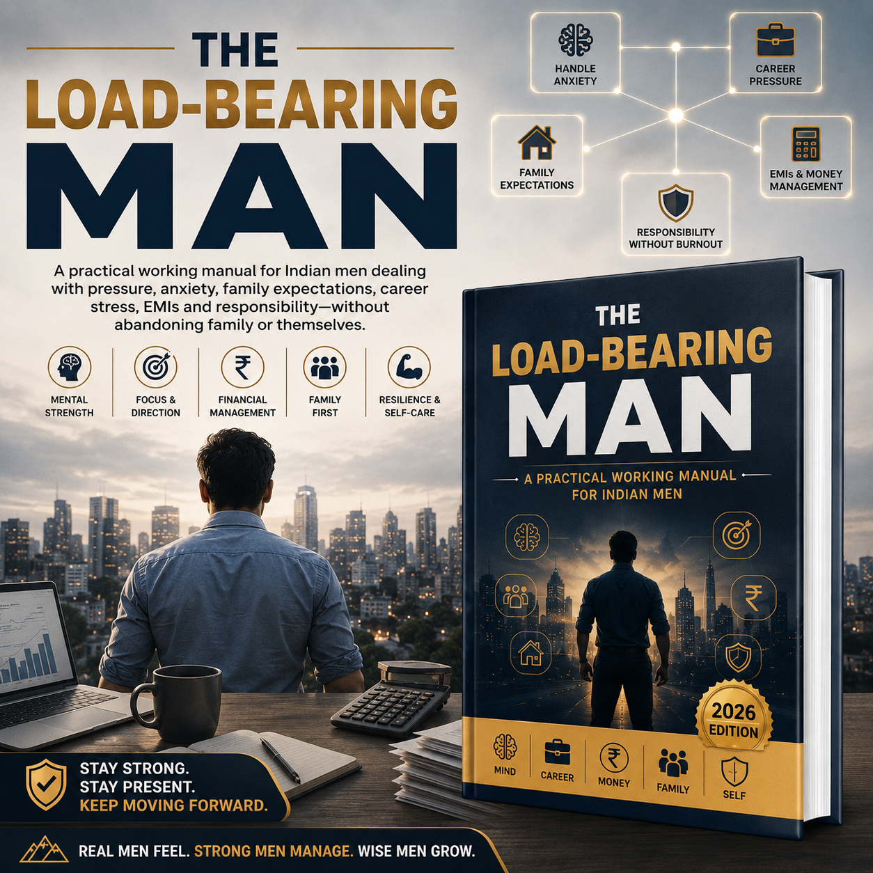 Book cover and promotional graphic for 'The Load-Bearing Man: A Practical Working Manual for Indian Men'. The cover is dark navy and gold with white text, shown alongside a man sitting at a desk with a laptop in front of a city skyline.
