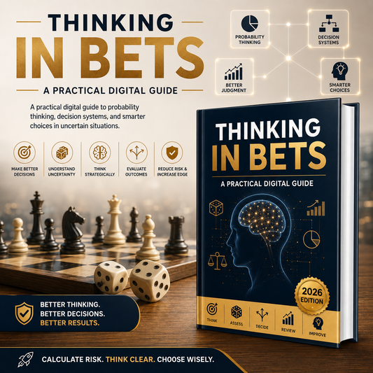 Digital guide cover and promotional graphic for 'Thinking in Bet' by Daniel Kahneman, featuring a navy and gold book mockup with a human brain illustration, chess pieces, dice, and text callouts on a dark background.