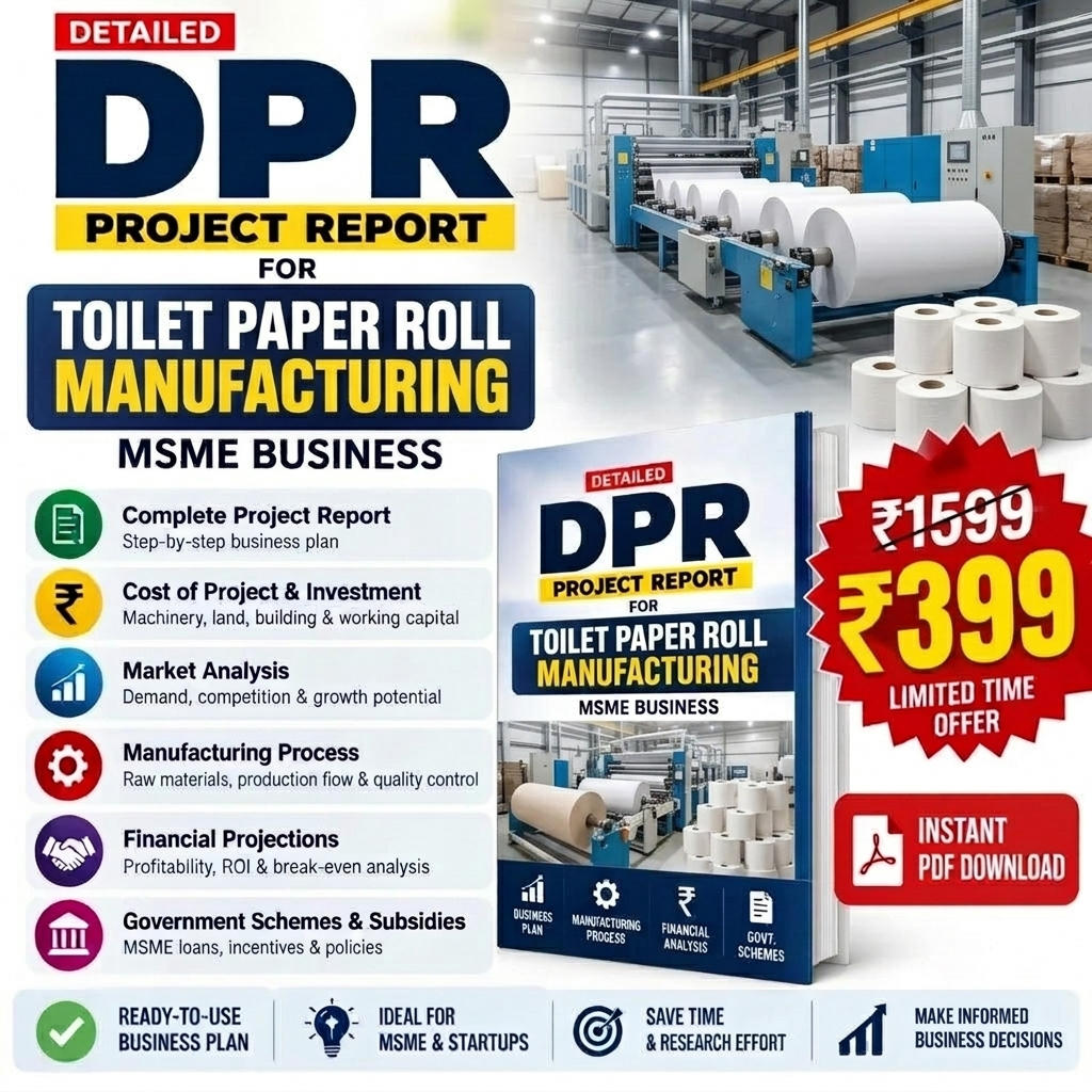 Promotional graphic for a digital PDF report titled 'DPR Project Report for Toilet Paper Roll Manufacturing'. The image features a large blue 'DPR' logo, a list of key business aspects on the left, a preview of the book cover in the center-right, a red price badge showing '₹1539 ₹399 LIMITED TIME OFFER', and a background photo of a toilet paper roll manufacturing factory with industrial machinery and paper rolls.