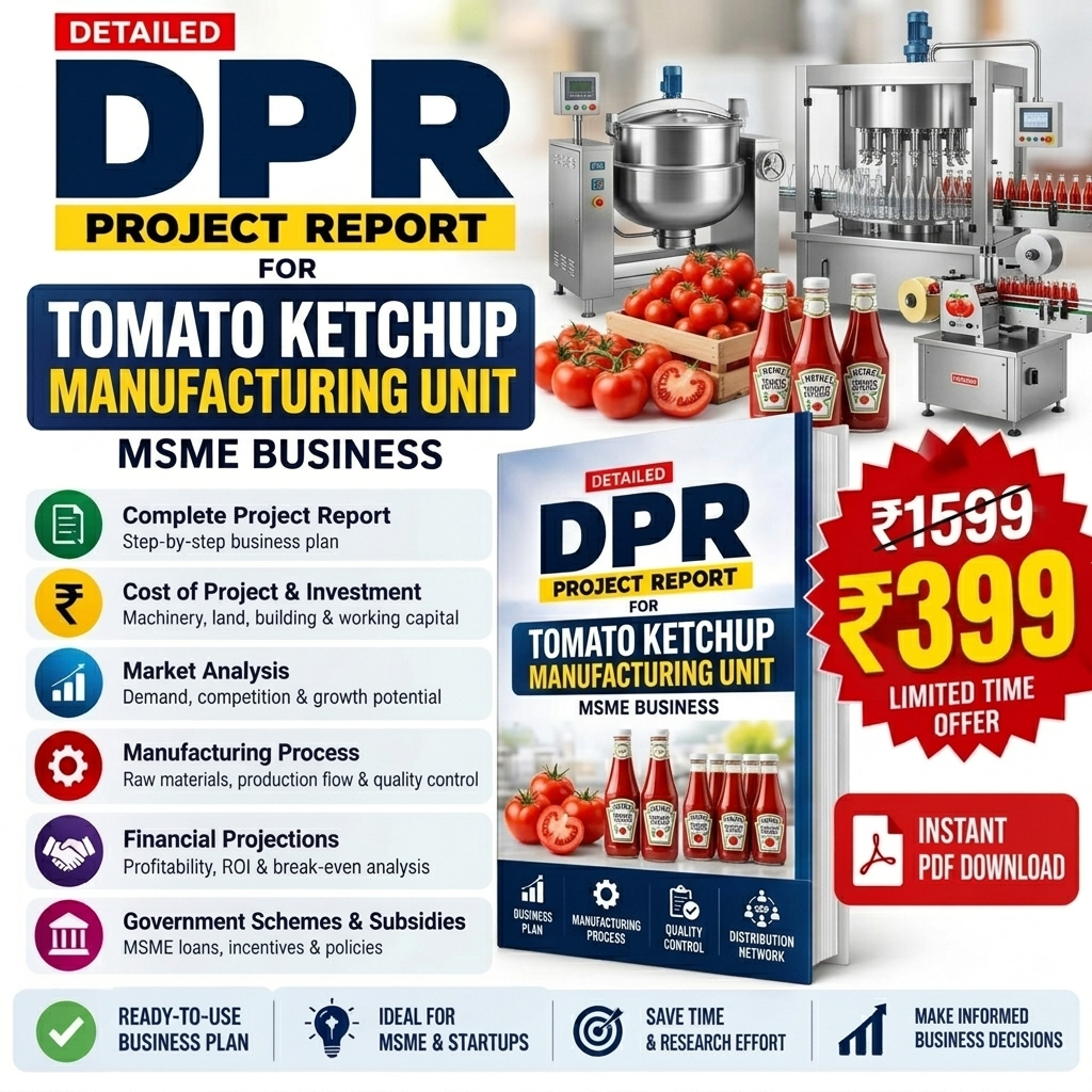 Promotional graphic for a digital PDF report titled 'DPR Project Report for Tomato Ketchup Manufacturing Unit'. The image features a collage of industrial tomato ketchup manufacturing equipment, fresh tomatoes, and several bottles of ketchup, alongside a mockup of the blue and white PDF report cover.