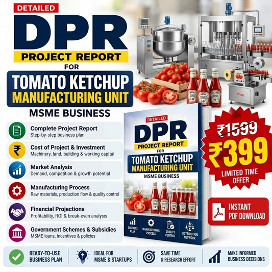 Promotional graphic for a digital PDF report titled 'DPR Project Report for Tomato Ketchup Manufacturing Unit'. The image features a collage of industrial tomato ketchup manufacturing equipment, fresh tomatoes, and several bottles of ketchup, alongside a mockup of the blue and white PDF report cover.