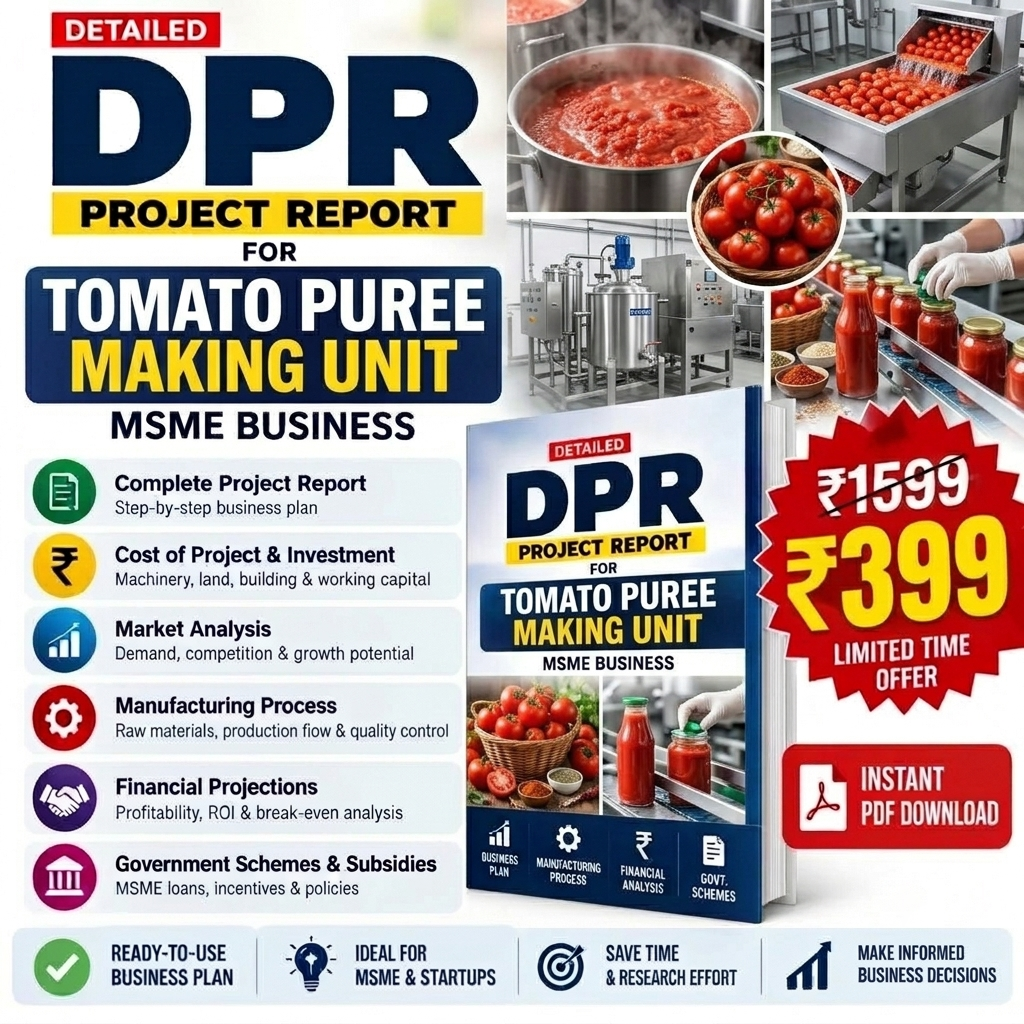 Promotional graphic for a 'Detailed DPR Project Report for Tomato Puree Making Unit' MSME business plan. The design features a blue and yellow header, photos of tomato processing facilities and jars of tomato puree, a list of included report sections on the left, a 3D mockup of the report cover in the center, a red price badge showing 'Rs.