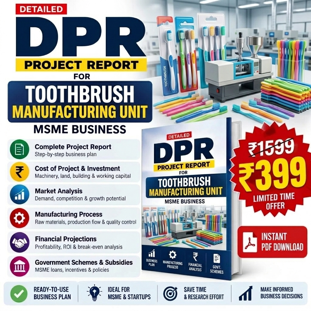 Promotional graphic for a digital PDF report titled 'DPR Project Report for Toothbrush Manufacturing Unit' sold as an MSME business plan. The design features a dark blue and yellow color scheme, showing a mockup of the book cover, a laptop filled with pens and files, and a stack of colorful pens.