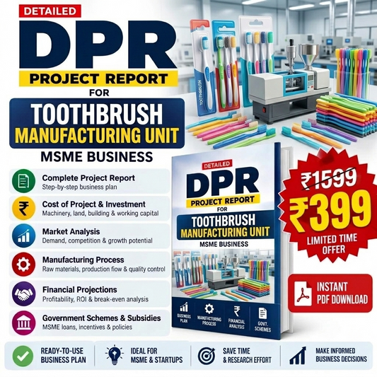 Promotional graphic for a digital PDF report titled 'DPR Project Report for Toothbrush Manufacturing Unit' sold as an MSME business plan. The design features a dark blue and yellow color scheme, showing a mockup of the book cover, a laptop filled with pens and files, and a stack of colorful pens.