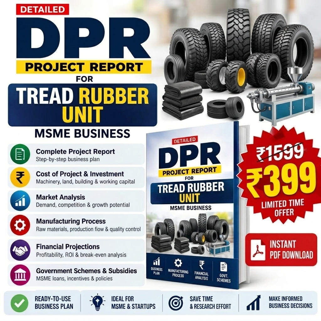 Promotional graphic for a digital PDF report titled 'DPR Project Report for Tread Rubber Unit'. The design features a stack of tires on the right, a blue and white book mockup in the center-right, and a list of bullet points on the left detailing the report's contents.