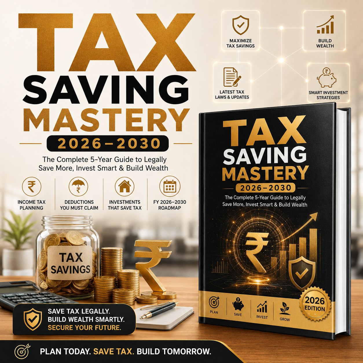 A promotional graphic for a book titled "Tax Saving Mastery 2026-2030" shown standing beside a laptop, coins, and a jar labeled tax savings. The design includes large gold and black typography, financial icons, and a dark background with a warm golden glow.