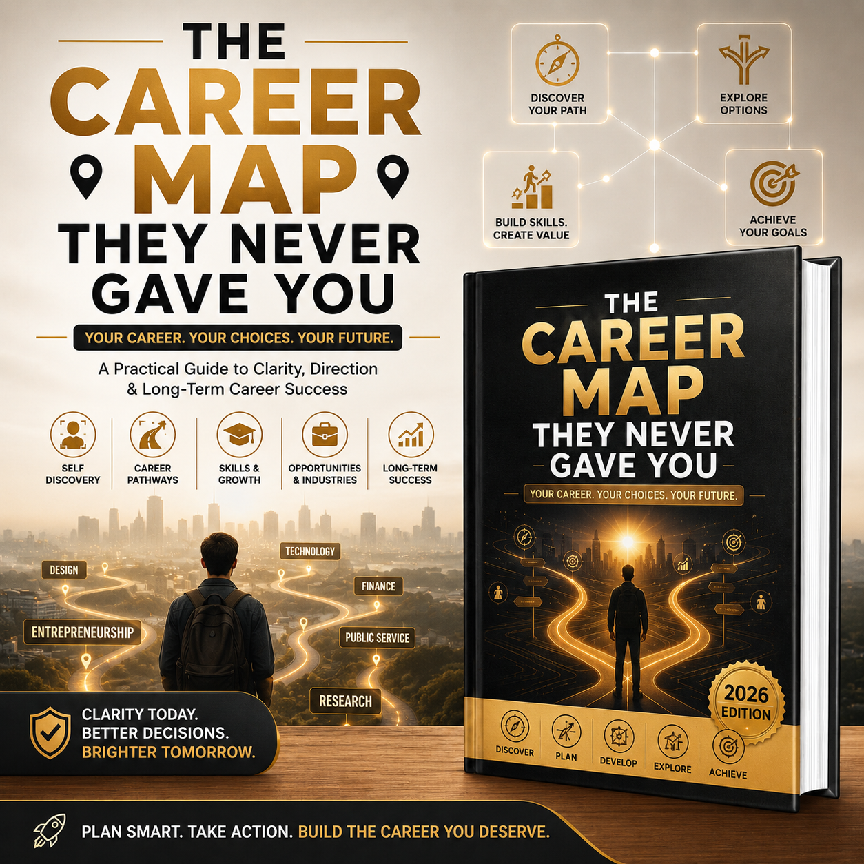 A promotional graphic for a book titled "The Career Map They Never Gave You," 2026 edition. The image shows the book cover prominently on the right, with a stylized career-path illustration on the cover and additional text callouts around it.