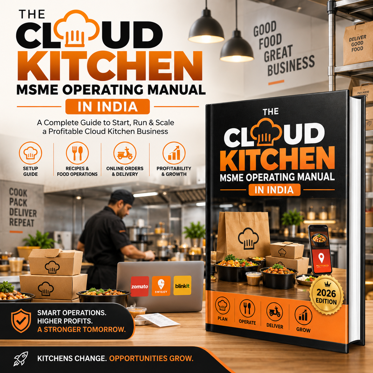 Promotional graphic for 'The Cloud Kitchen Msme Operating Manual in India' showing a large book cover in the foreground, a blurred kitchen interior behind it, and marketing text highlighting setup, recipes, online orders, and profitability.