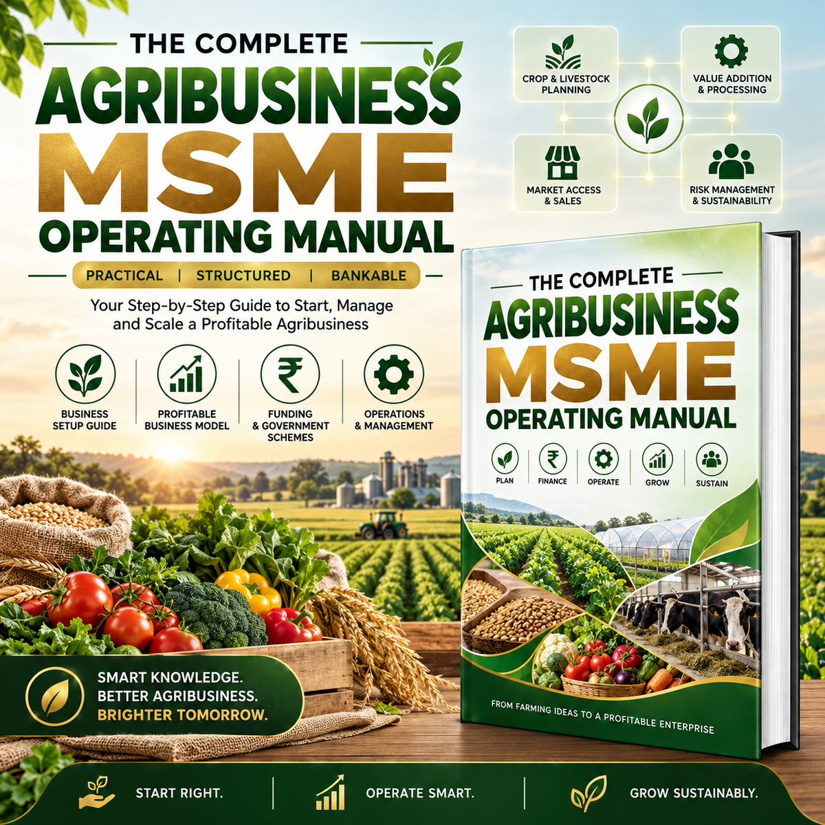 Promotional graphic for 'The Complete Agribusiness MSME Operating Manual' showing a book cover and a standing book mockup over a farm scene with produce and greenhouse imagery. Text highlights practical, structured, and bankable guide content.