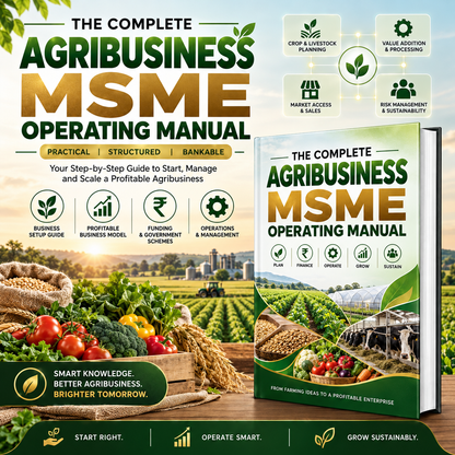 Promotional graphic for 'The Complete Agribusiness MSME Operating Manual' showing a book cover and a standing book mockup over a farm scene with produce and greenhouse imagery. Text highlights practical, structured, and bankable guide content.