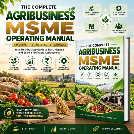 Promotional graphic for 'The Complete Agribusiness MSME Operating Manual' showing a book cover and a standing book mockup over a farm scene with produce and greenhouse imagery. Text highlights practical, structured, and bankable guide content.
