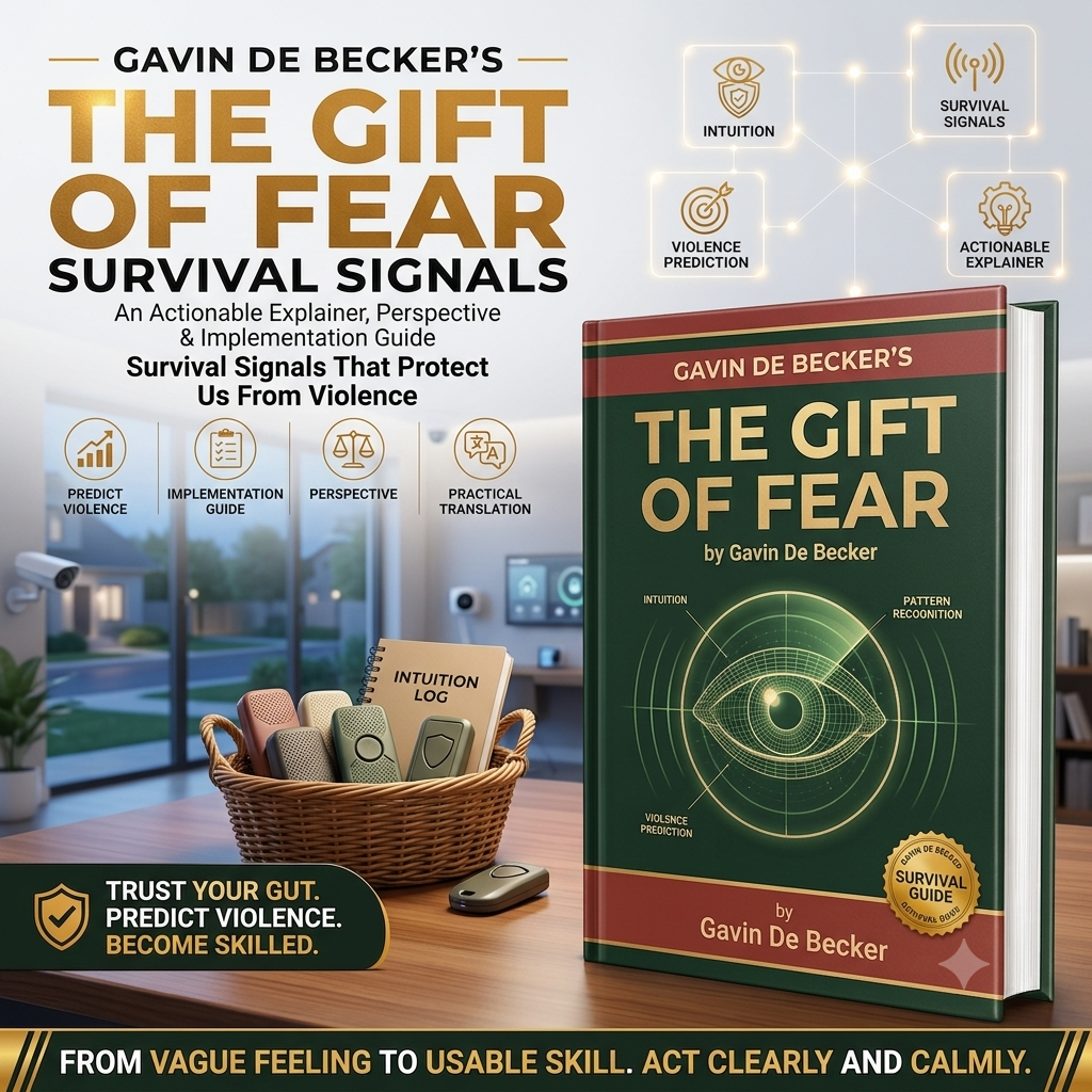 Book cover for 'The Gift of Fear: Survival Signals' by Gavin De Becker, shown prominently on a desk with a basket of books and a phone in the foreground, against a blurred office background. Large promotional text surrounds the product.