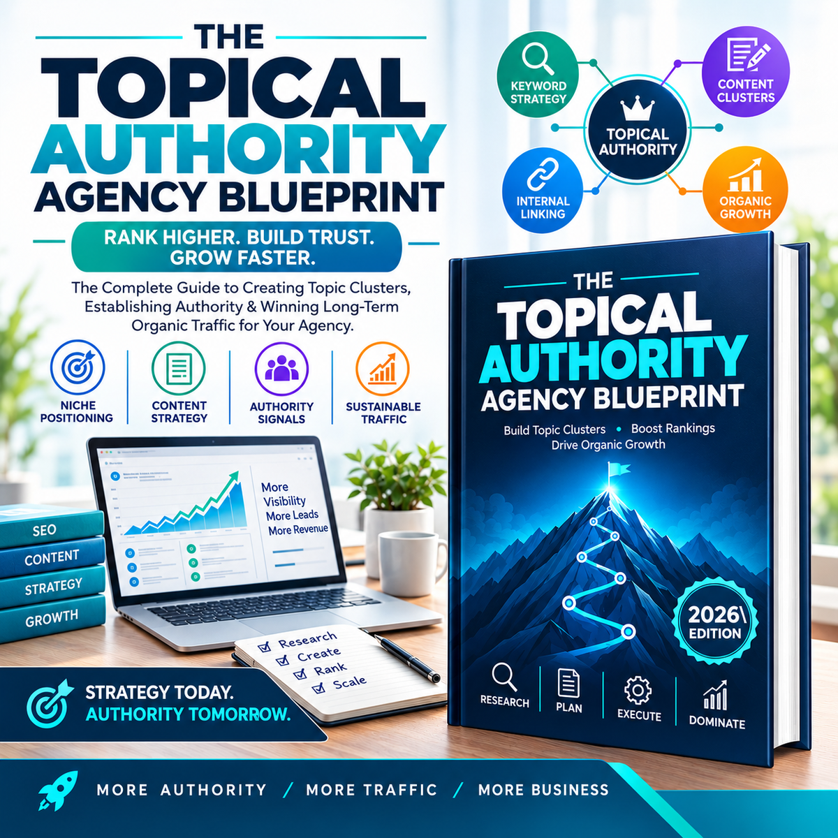 Promotional graphic for a digital guide/book titled 'The Topical Authority Agency Blueprint 2026 Edition.' The design features a large book cover on the right with a dark blue mountain-and-stars background and teal title text, plus marketing callouts and a laptop/tablet mockup on the left showing charts and business growth imagery.