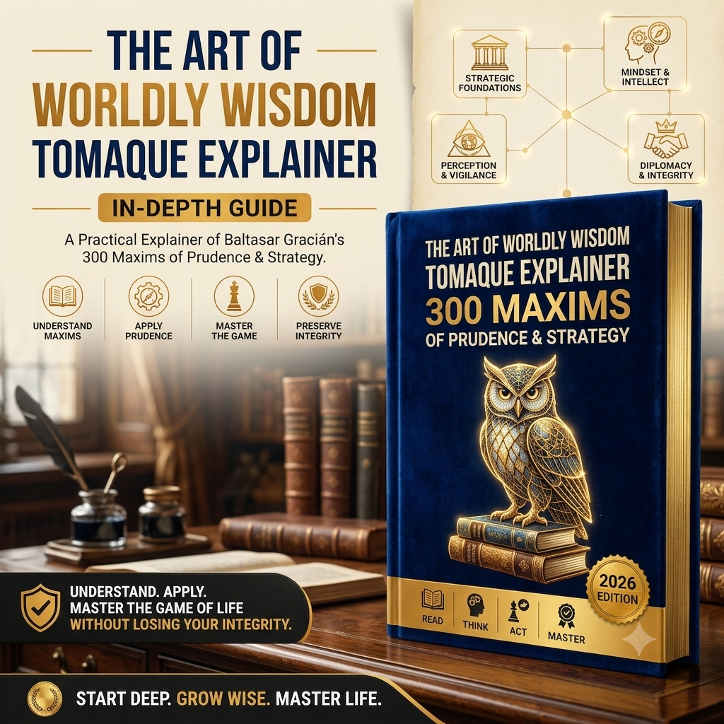The Art of Worldly Wisdom Tomaque Explainer 300 Maxims of Prudence & Strategy book cover shown prominently on a desk with books and inkwells in the background, alongside promotional text and feature icons.