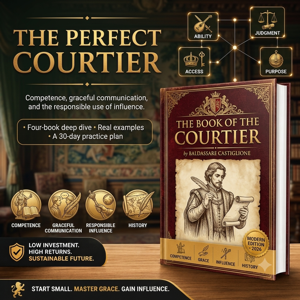 Promotional graphic for 'The Book of the Courtier' by Baidassare Castiglione, showing a gold and burgundy book cover on a wooden surface with surrounding text, icons, and a blurred interior scene in the background.