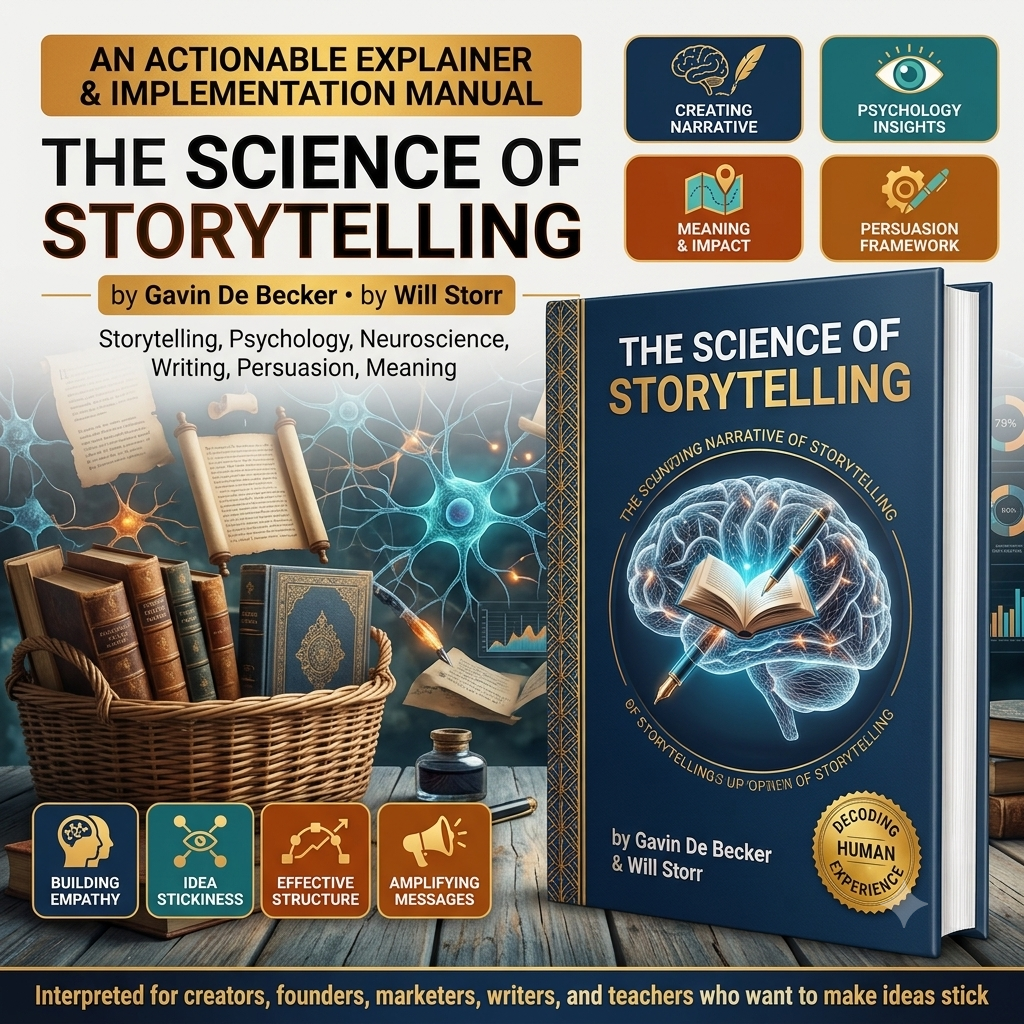 Book cover and promotional graphic for 'The Science of Storytelling' by Gavin De Becker and Will Storr, shown with a large 3D book cover, floating books, an ink bottle, and feature icons on a dark illustrated background.