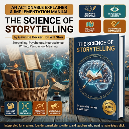 Book cover and promotional graphic for 'The Science of Storytelling' by Gavin De Becker and Will Storr, shown with a large 3D book cover, floating books, an ink bottle, and feature icons on a dark illustrated background.