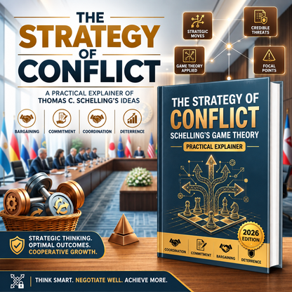 Promotional graphic for 'The Strategy of Conflict: Schelling's Game Theory Practical Explainer' 2026 Edition. The book cover is shown prominently on a wooden table next to a conference room background, surrounded by icons and text highlighting key concepts like bargaining, commitment, coordination, and deterrence.