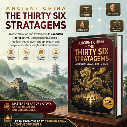 Book cover and promotional graphic for 'Ancient China: The Thirty Six Stratagems' showing a dark red and gold illustrated book standing on a wooden surface, with a scenic landscape background and text callouts about strategy, deception, leadership, and decision-making.