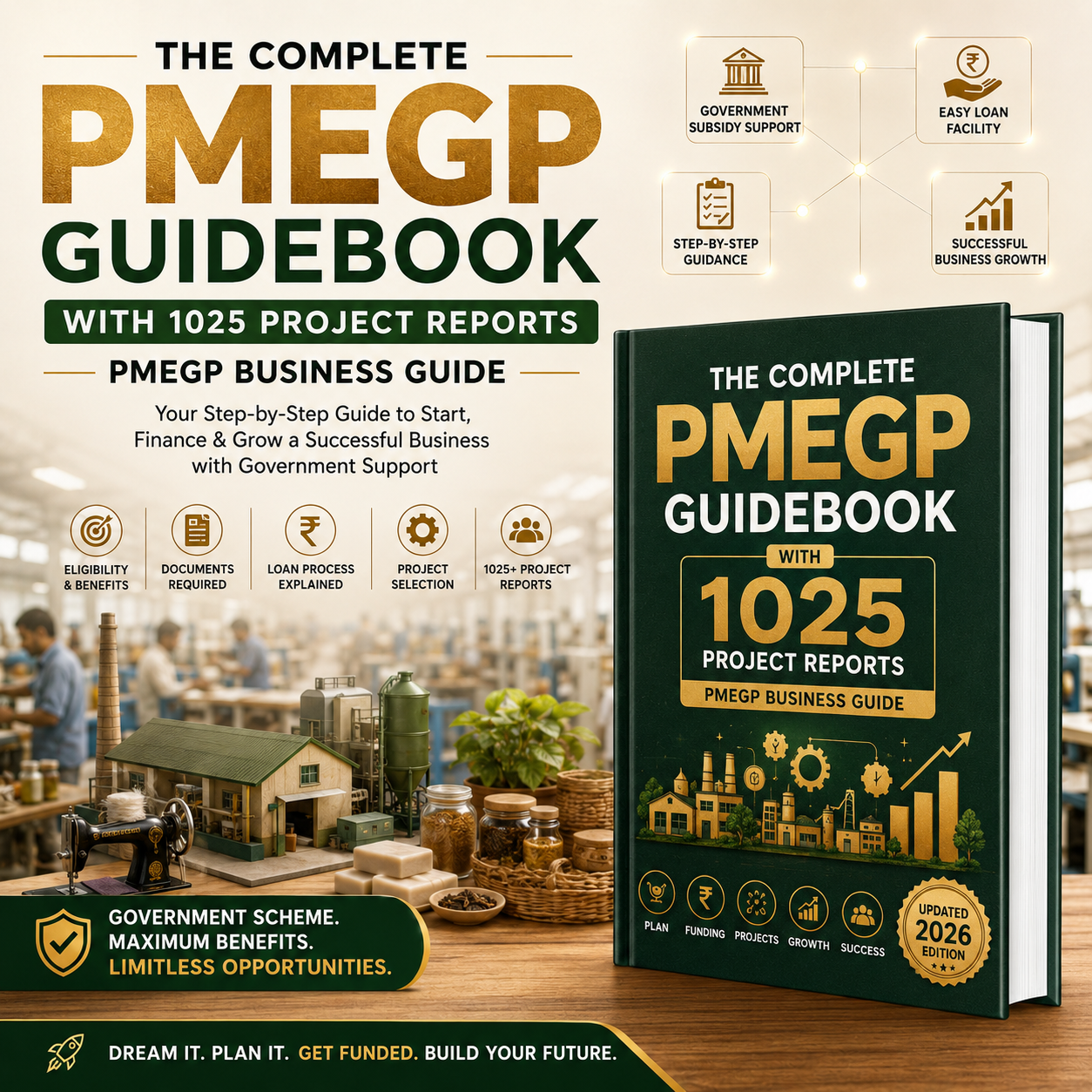 Promotional graphic for a PMEGP Guidebook, showing a dark green book cover with gold and white text on the right, large title text on the left, and a small photo of a person holding a stack of money in a real-world setting at the bottom.