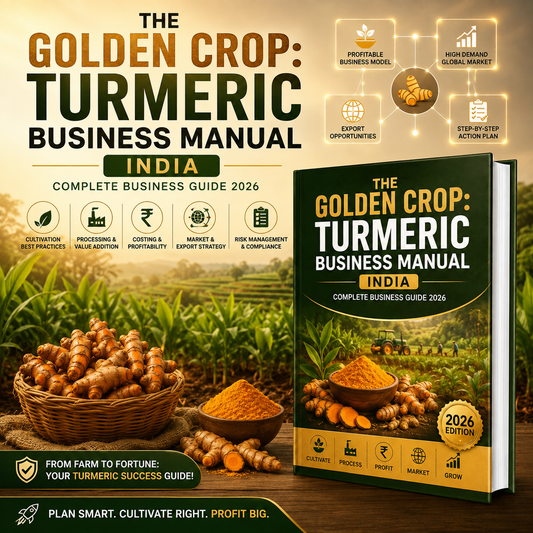 Promotional graphic for 'The Golden Crop: Turmeric Business Manual India' showing a book cover, a basket of turmeric roots, and a bowl of turmeric powder on a rustic background with business feature icons.