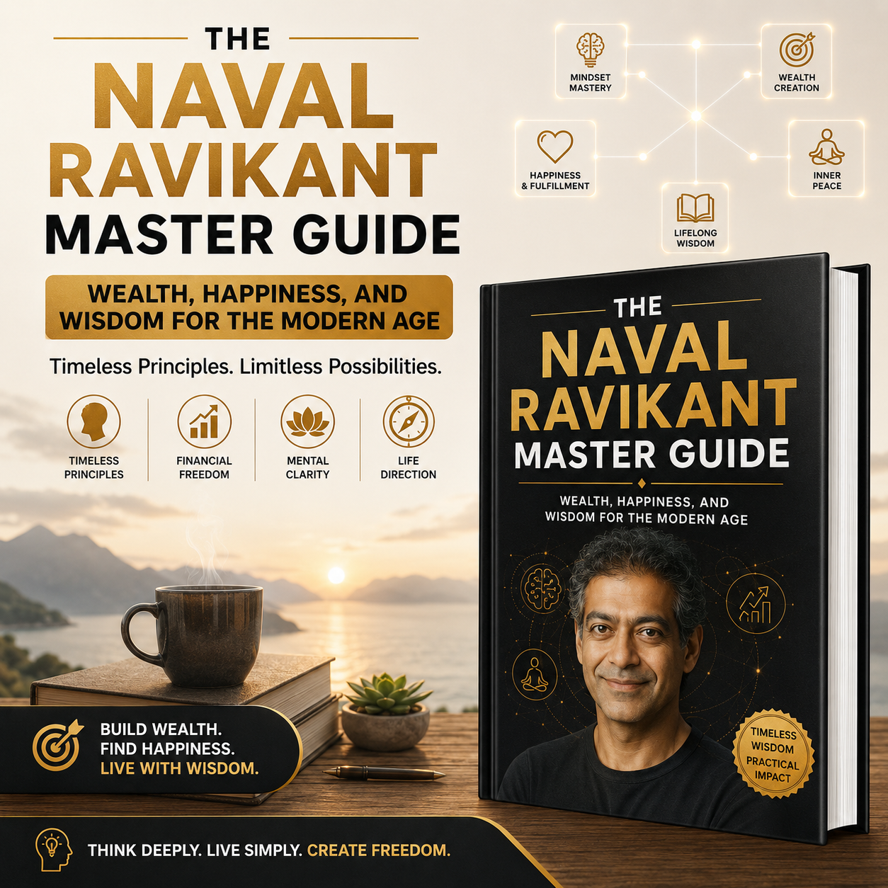 Book cover and promotional graphic for 'The Naval Ravi Shankar Master Guide' featuring a black hardcover with gold and white typography, a portrait of Naval Ravi Shankar, and motivational text on a warm sunset beach background.