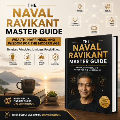 Book cover and promotional graphic for 'The Naval Ravi Shankar Master Guide' featuring a black hardcover with gold and white typography, a portrait of Naval Ravi Shankar, and motivational text on a warm sunset beach background.