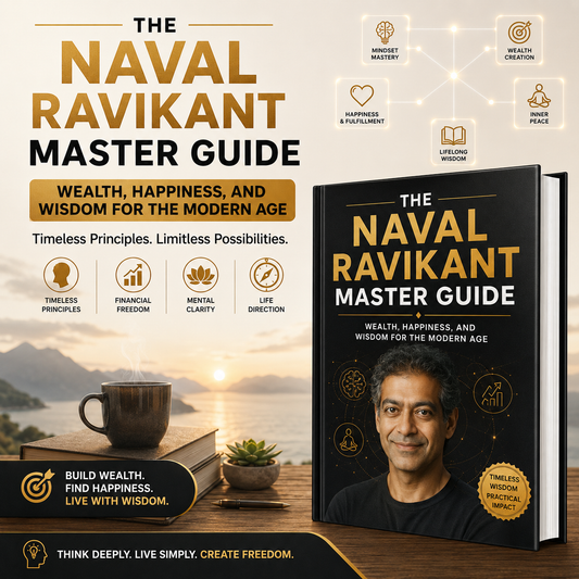 Book cover and promotional graphic for 'The Naval Ravi Shankar Master Guide' featuring a black hardcover with gold and white typography, a portrait of Naval Ravi Shankar, and motivational text on a warm sunset beach background.